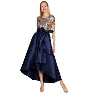 R&M Richards Satin Bow Formal Cocktail Dress High Low Navy Blue Gold NWT Size 14